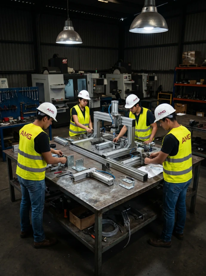 Proceso de ensamble mecánico de maquinaria para líneas de producción industrial.