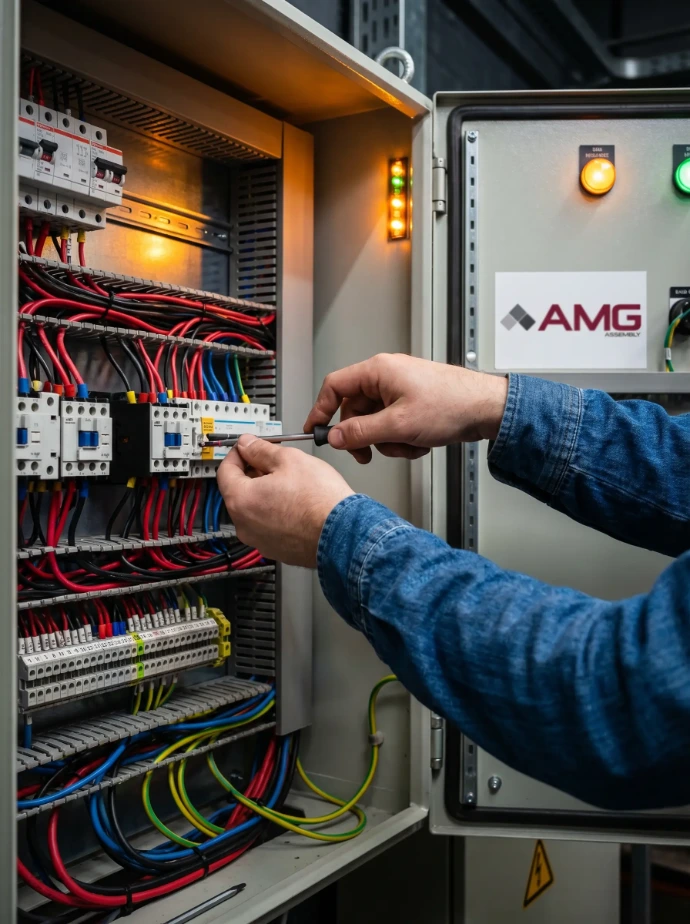 Técnicos realizando ensamble eléctrico y cableado de tableros industriales.