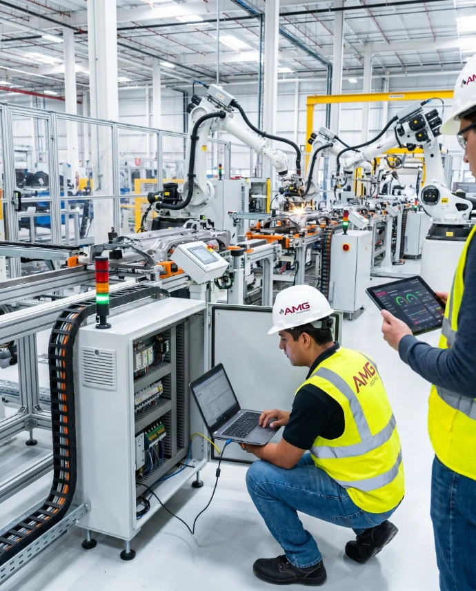 Proceso de fabricación e integración de estaciones de trabajo automotrices en planta.