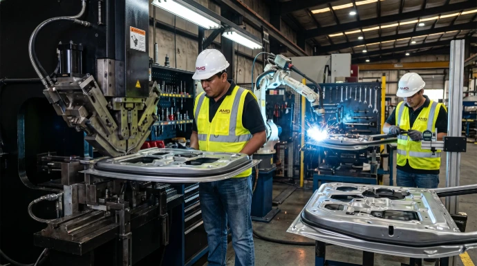 Línea de producción para paneles de puertas con sistemas de laminado y soldadura industrial.