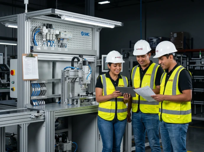 Flujo de trabajo integral de AMG que incluye diseño mecánico, ensamble eléctrico y validación final de proyectos industriales.