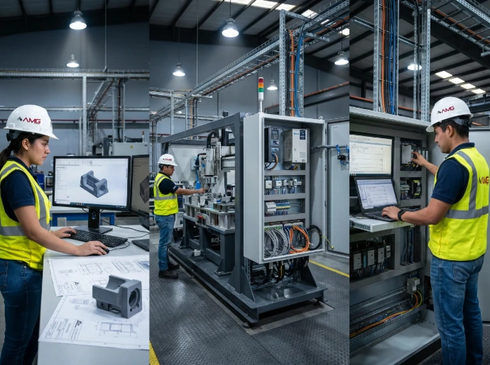 Gráfico de los pilares de AMG Assembly: calidad en ingeniería, objetivos de productividad y satisfacción del cliente.